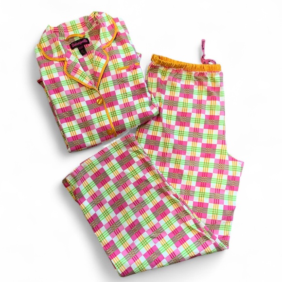Betsey Johnson Betseyville Pink Green Gingham Long Sleeve Pajama Set Size Large - Picture 1 of 10